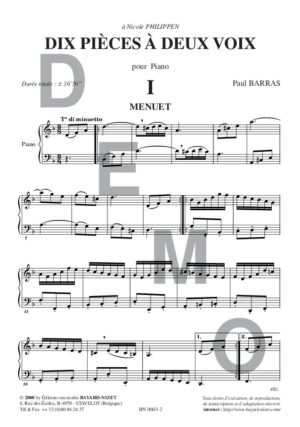 Dix pièces à 2 voix - Compositeur BARRAS Paul - Pour Piano seul - Editions musicales Bayard-Nizet