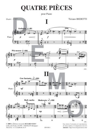 Quatre pièces - Compositeur BEDETTI Tiziano - Pour Piano seul - Editions musicales Bayard-Nizet