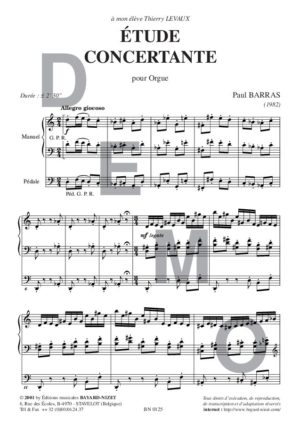Etude concertante - Compositeur BARRAS Paul - Pour Orgue seul - Editions musicales Bayard-Nizet