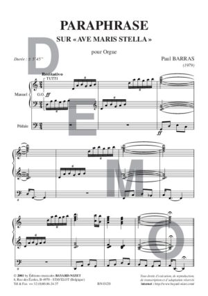 Paraphrase sur Ave Maris Stella - Compositeur BARRAS Paul - Pour Orgue seul - Editions musicales Bayard-Nizet