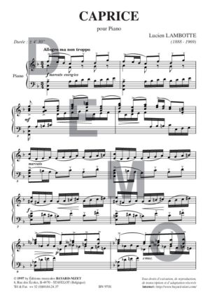 Caprice - Compositeur LAMBOTTE Lucien - Pour Piano seul - Editions musicales Bayard-Nizet