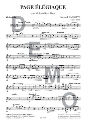 Page élégiaque - Compositeur LAMBOTTE Lucien - Pour Violoncelle et Piano - Editions musicales Bayard-Nizet