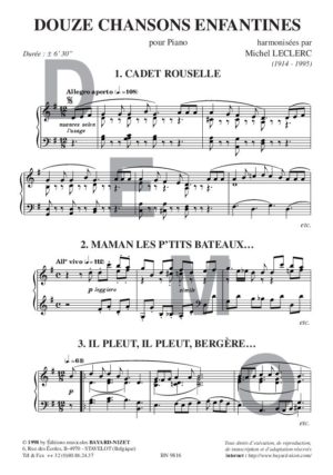 Douze chansons enfantines - Compositeur LECLERC Michel - Pour Piano seul - Editions musicales Bayard-Nizet