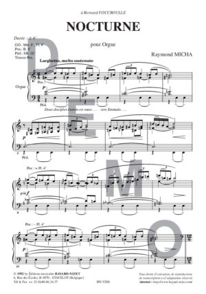 Nocturne - Compositeur MICHA Raymond - Pour Orgue seul - Editions musicales Bayard-Nizet