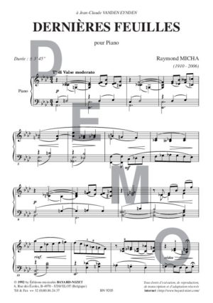 Dernières feuilles - Compositeur MICHA Raymond - Pour Piano seul - Editions musicales Bayard-Nizet