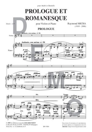 Prologue et romanesque - Compositeur MICHA Raymond - Pour Violon et Piano - Editions musicales Bayard-Nizet