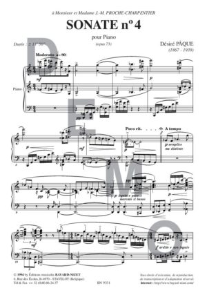 Sonate n°4 (opus 73) - Compositeur PÂQUE Désiré - Pour Piano seul - Editions musicales Bayard-Nizet