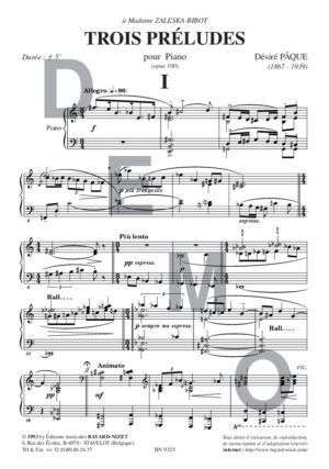 Trois préludes (opus 100) - Compositeur PÂQUE Désiré - Pour Piano seul - Editions musicales Bayard-Nizet