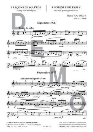 9 leçons de solfège d'examens (Chant 2 clés) - Compositeur POUSSEUR Henri - Pour Solfège - Editions musicales Bayard-Nizet