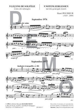 9 leçons de solfège d'examens (Chant 3 clés) - Compositeur POUSSEUR Henri - Pour Solfège - Editions musicales Bayard-Nizet