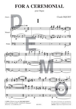 For a ceremonial - Compositeur SIQUIET Claude - Pour Orgue seul - Editions musicales Bayard-Nizet