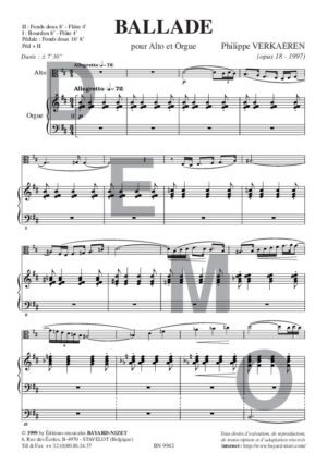 Ballade (opus 18) - Compositeur VERKAEREN Philippe - Pour Alto et Orgue - Editions musicales Bayard-Nizet