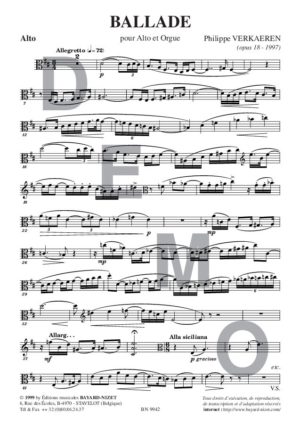 Ballade (opus 18) - Compositeur VERKAEREN Philippe - Pour Alto et Orgue - Editions musicales Bayard-Nizet