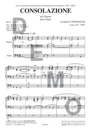 Consolazione (opus 230) - Compositeur CAPODAGLIO Leonello - Pour Orgue seul - Editions musicales Bayard-Nizet
