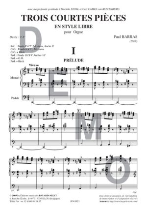 Trois courtes pièces en style libre - Compositeur BARRAS Paul - Pour Orgue seul - Editions musicales Bayard-Nizet