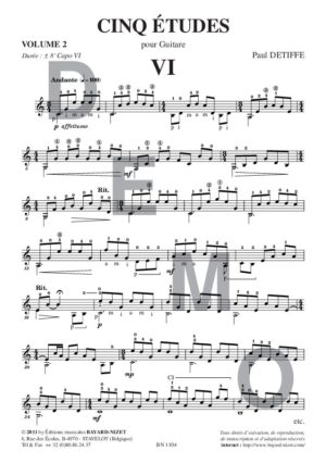Cinq études (volume 2) - Compositeur DETIFFE Paul - Pour Guitare seule - Editions musicales Bayard-Nizet