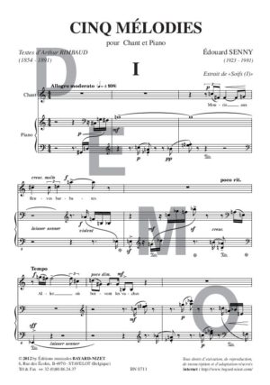 Cinq Mélodies (opus 6) - Compositeur SENNY Edouard - Pour Chant et Piano - Editions musicales Bayard-Nizet