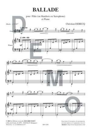 Ballade - Compositeur DEBECQ Christian - Pour Flûte et Piano - Editions musicales Bayard-Nizet
