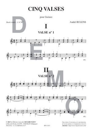 Cinq valses - Compositeur RULENS André - Pour Guitare seule - Editions musicales Bayard-Nizet