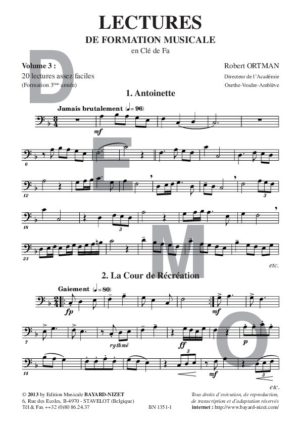Lectures de formation musicale (volume 3) (Chant clé de fa) - Compositeur ORTMAN Robert - Pour Solfège - Editions musicales Bayard-Nizet