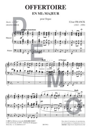 Offertoire en Mib majeur - Compositeur FRANCK César - Pour Orgue seul - Editions musicales Bayard-Nizet
