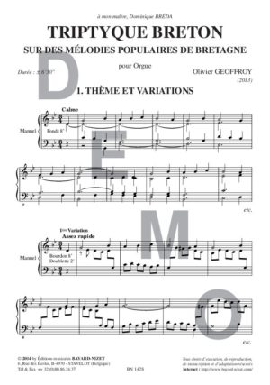 Triptyque breton - Compositeur GEOFFROY Olivier - Pour Orgue seul - Editions musicales Bayard-Nizet