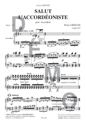Salut l’accordéoniste (opus 41) - Compositeur LIEMANS Pierre - Pour Accordéon seul - Editions musicales Bayard-Nizet