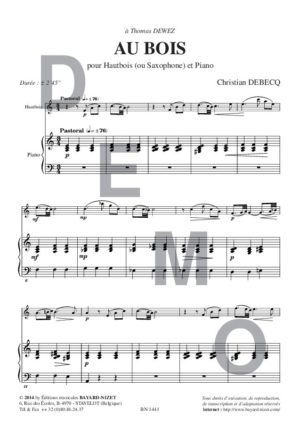Au bois - Compositeur DEBECQ Christian - Pour Hautbois et Piano - Editions musicales Bayard-Nizet