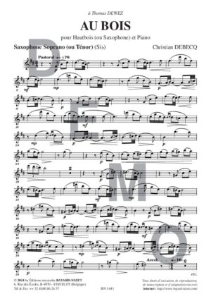 Au bois - Compositeur DEBECQ Christian - Pour Hautbois et Piano - Editions musicales Bayard-Nizet