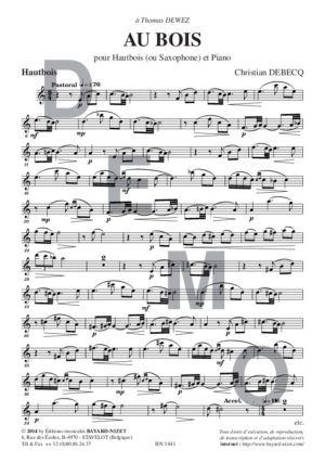 Au bois - Compositeur DEBECQ Christian - Pour Hautbois et Piano - Editions musicales Bayard-Nizet