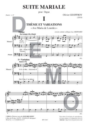 Suite mariale - Compositeur GEOFFROY Olivier - Pour Orgue seul - Editions musicales Bayard-Nizet