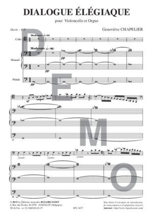 Dialogue élégiaque - Compositeur CHAPELIER Geneviève - Pour Violoncelle et Orgue - Editions musicales Bayard-Nizet