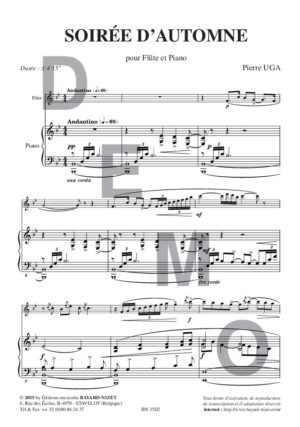 Soirée d'automne - Compositeur UGA Pierre - Pour Flûte et Piano - Editions musicales Bayard-Nizet