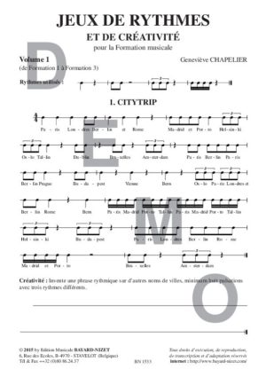 Jeux de rythmes et de créativité (volume 1) - Compositeur CHAPELIER Geneviève - Pour Créativité - Editions musicales Bayard-Nizet