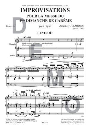 Improvisations pour la messe du 4ème Dimanche de Carême - Compositeur TOULMONDE Antoine - Pour Orgue seul - Editions musicales Bayard-Nizet