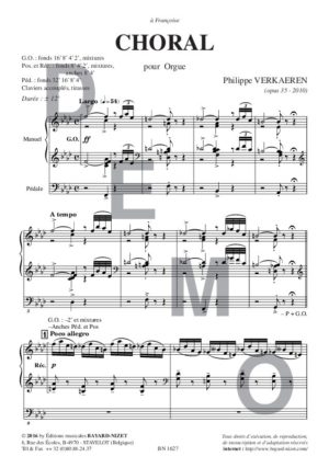 Choral (opus 35) - Compositeur VERKAEREN Philippe - Pour Orgue seul - Editions musicales Bayard-Nizet