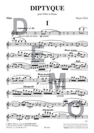 Diptyque - Compositeur UGA Pierre - Pour Flûte et Piano - Editions musicales Bayard-Nizet