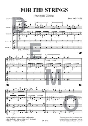 For the Strings - Compositeur DETIFFE Paul - Pour Quatuor avec cordes - Editions musicales Bayard-Nizet