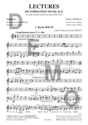 Lectures de formation musicale (volume 8) (Chant 5 clés) - Compositeur ORTMAN Robert - Pour Solfège - Editions musicales Bayard-Nizet