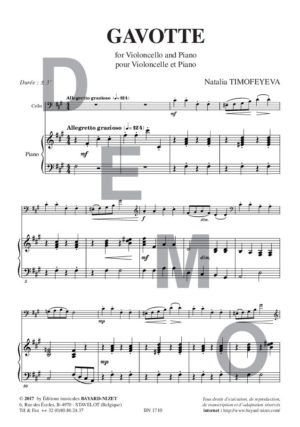 Gavotte - Compositeur TIMOFEYEVA Natalia - Pour Violoncelle et Piano - Editions musicales Bayard-Nizet