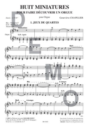 Huit Miniatures - Compositeur CHAPELIER Geneviève - Pour Orgue seul - Editions musicales Bayard-Nizet