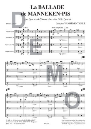 La Balade de Manneken-Pis - Compositeur VANHERENTHALS Jacques - Pour Quatuor avec cordes - Editions musicales Bayard-Nizet