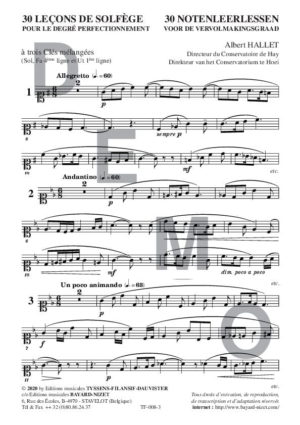 30 leçons de solfège perfectionnement (Chant élève 3 clés) - Compositeur HALLET Albert - Pour Solfège - Editions musicales Bayard-Nizet