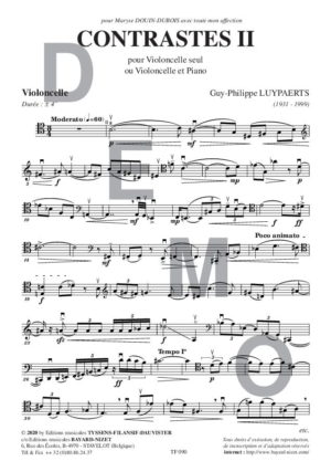 Contraste II - Compositeur LUYPAERTS Guy-Philippe - Pour Violoncelle et Piano - Editions musicales Bayard-Nizet